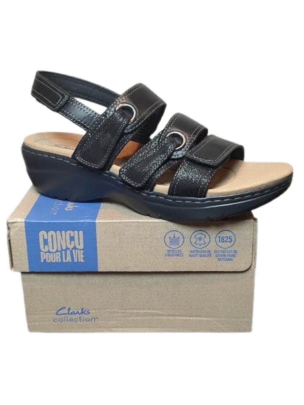 Clarks Merliah 2 Bali Black Combi Comfort Wedge Sandal Women’s 7.5 9.5 NIB